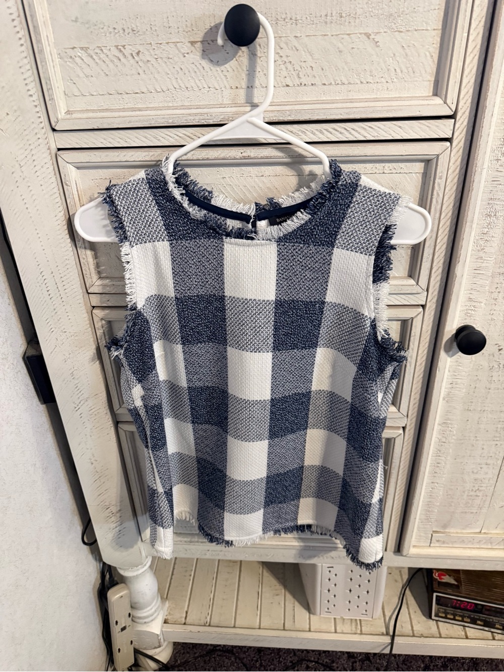 Banana Republic Navy and White Sleeveless Fringe Check Blouse